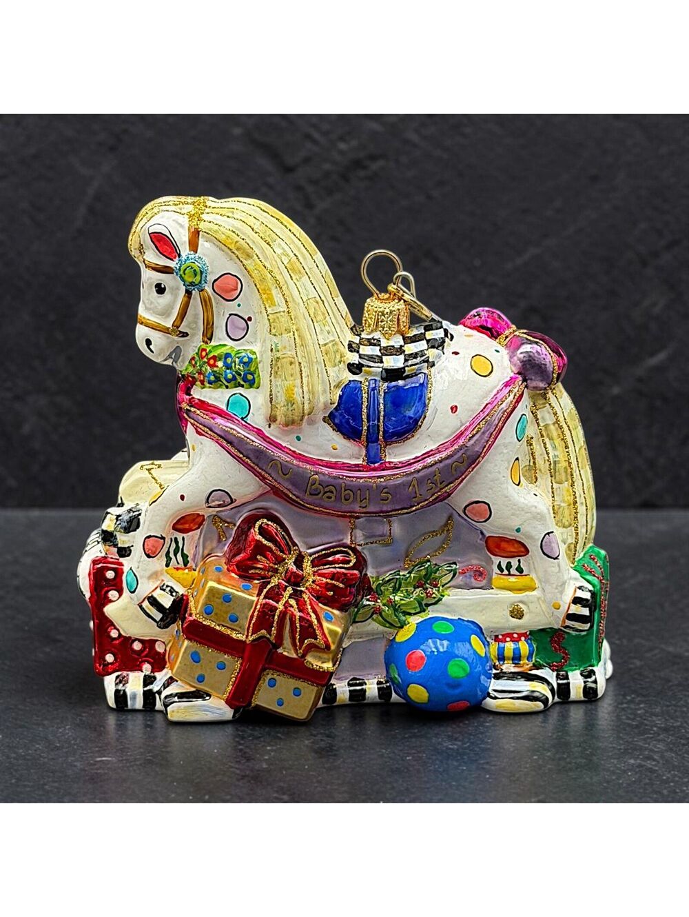 Vtg MacKenzie-Childs Baby’s 1st  Rocking Horse Glass Ornament w/ Box 4.5x4.5"